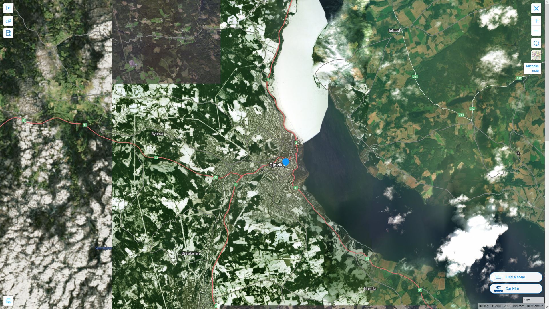 Gjovik Highway and Road Map with Satellite View